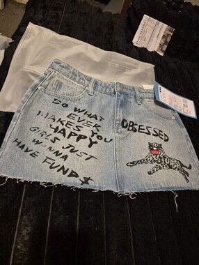 Denim Mini Skirt with Black Graphic Print